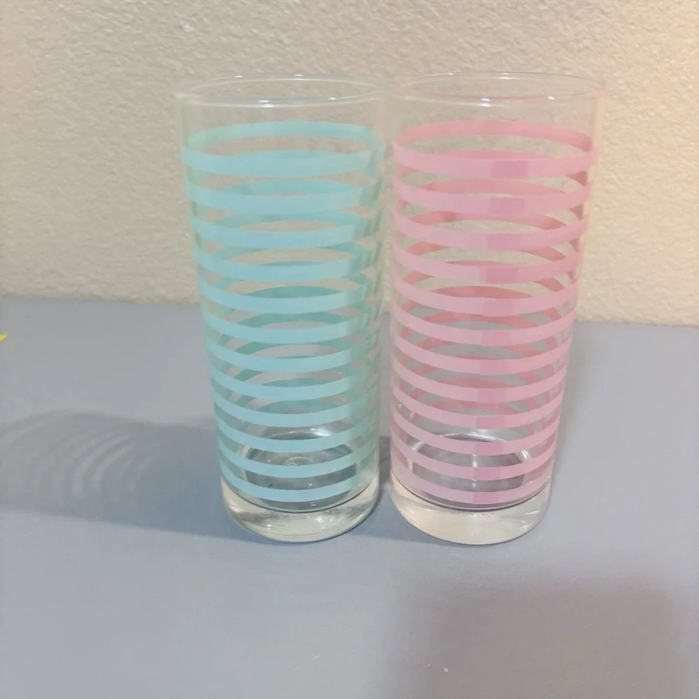 2 Libbey Vintage Mid Century Modern Retro Teal Pink Striped Highball Bar Glasses